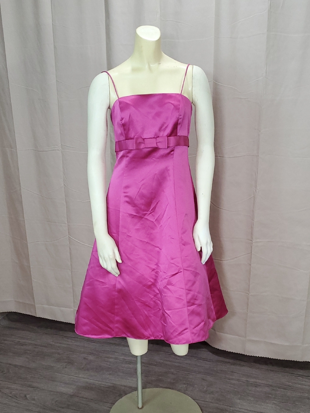 David's Bridal Fuchsia Satin Spaghetti-Strap Midi Dress with Waist Bow